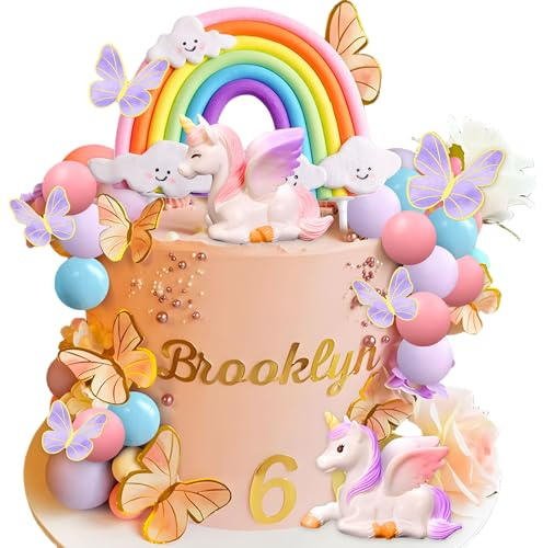 LaVenty Einhorn Kuchendekoration Regenbogen Schmetterlinge Kuchendeko | Einhorn Kuchendekoration: Regenbogen, Schmetterlinge, Einhörner & Kugeln - Party Zubehör für Mädchen - Geburtstagskuchen
