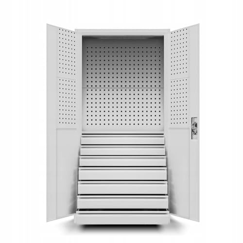 Jan Nowak Armoire à Outils TC007 Armoire d'atelier Métallique avec 7 Tiroirs Portes battantes Tôle d'acier 185 cm x 92 cm x 50 cm Gris