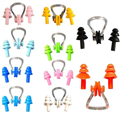 Pinza nasal para natación, 10 pinzas nasales y 10 pares de tapones para los oídos, impermeable y cómodo para niños y adultos, ideal para piscina, playa y mar