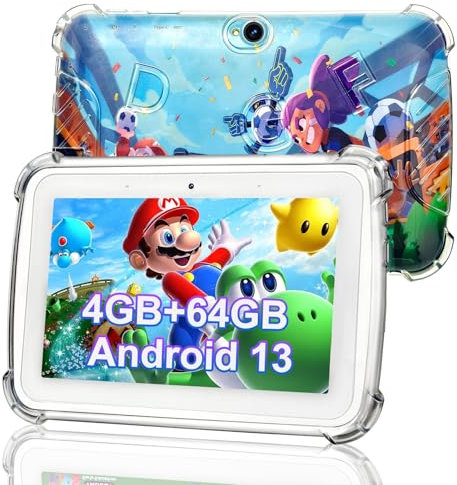 Discoball 7 Inch Kids Tablet Android 13 for Toddler - 4GB RAM+64GB ROM Tablet for Kids Ages 3-12, Bluetooth & WiFi, Pre-Installed Educational Apps, Dual Camera, Kid-Proof Case, Gifts for Children