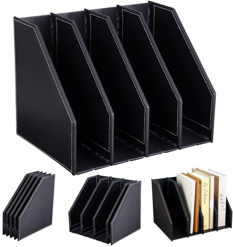 GORESE Porte Revue Pliable A4,Rangement Papier Vertical en Cuir Porte Magazine Organisateur Bureau Classeur sur pied avec 4 compartiments pour livres,CD,étagères,bureau,bibliothèque,maison et école