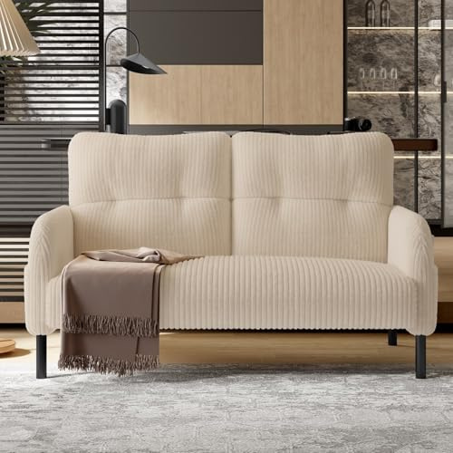 KOMHTOM Petit Canapé 2 Places en Velours Côtelé avec Dossier Haut Confortable, 4 Poches et Pieds en Métal - Canapé d'angle Moderne pour Salon, Chambre à Coucher et Bureau (Beige - 2 Places)