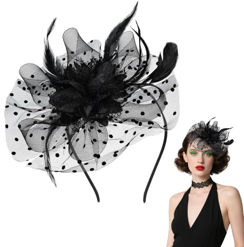 WLLHYF Chapeau bibi des années 1920 pour femme avec fleur en maille et plumes, pince à cheveux, pour fête de thé, carnaval, Halloween