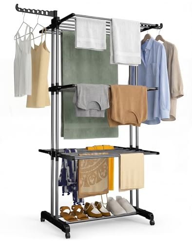 VOUNOT® Tendedero Vertical Plegable Tipo Torre 4 Niveles Zapatero Tendedores Ropa Gran Capacidad Secadora con Ruedas y Alas Plegables Estantes de Secado Ropa Interior/Exterior 126x63x170cm Negro-Gris