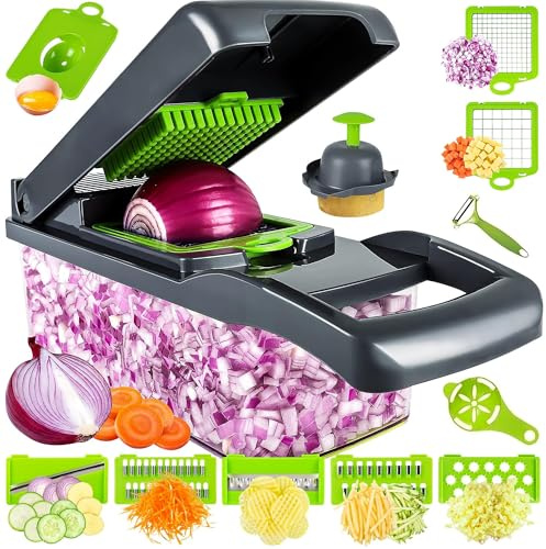 16-in-1 Vegetable Chopper with Container – Multifunction Food Chopper, Onion Dicer, Mandoline Slicer, Vegetable Cutter, Salad Maker, Cheese Grater & Julienne Slicer with Stainless Steel Blades