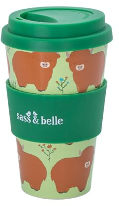 Lescale Furnishings Reusable Travel Coffee Cup – 400ml Eco-Friendly rPET Plastic Mug with Silicone Lid | Lightweight, Insulated & Stylish | Handmade-Look Sustainable Travel Mug (Highland Cow)