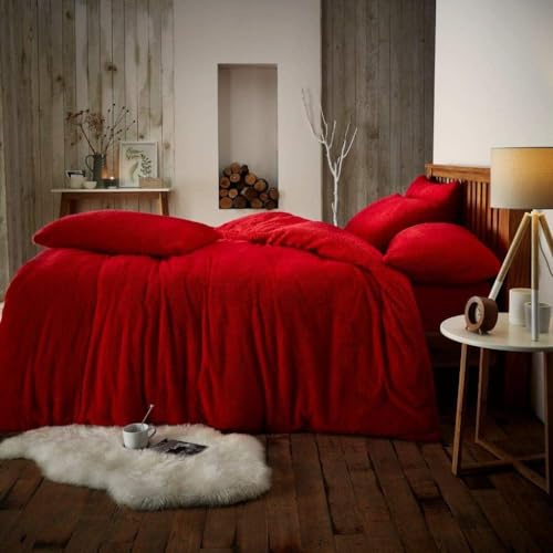Harrissen Select Teddy Fleece Duvet Cover Set – Super Soft Sherpa Fleece Bedding Set – Warm, Cosy & Reversible Winter Quilt Cover (Red, Double)