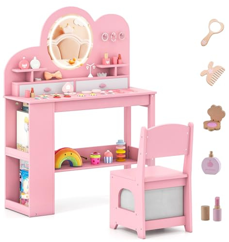 LIFEZEAL Specchiera Trucco per Bambina 3+Anni, con Luci, Sgabello, Sedia, Forma di Nuvole, Toeletta Tavolo, Postazione Makeup, con 3 Cassetti, Ripiani Aperti, Ganci, Accessori, Cameretta (rosa)