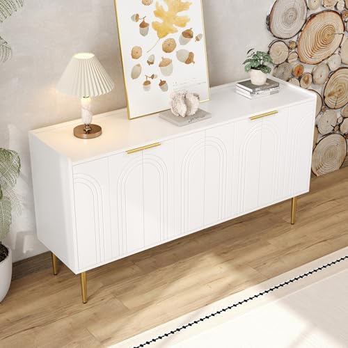 Buffet Blanc avec Accent doré, 140 x 38 x 75 cm, Buffet élégant avec 4 Portes, Fonction Soft-Close et tablettes réglables en Hauteur, Armoire de Buffet pour Salon, Salle à Manger au Design Moderne