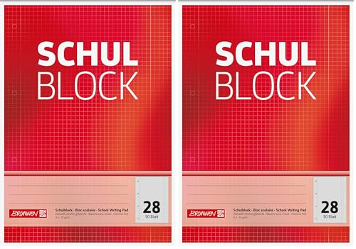 BRUNNEN 1052528 Schulblock/Notizblock (A4, 50 Blatt, kariert, mit Randlinien, Lineatur 28, gelocht, kopfverleimt, 70 g/m²) (Packung mit 2)