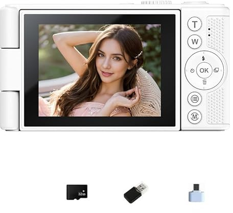 VRTYVEYBB Appareil photo numérique compact 64 MP 4K avec écran rabattable et fonction zoom 16x puissante