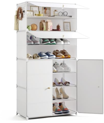 Mondeer Schuhregal,8 Stufiger Kunststoff Schuhschrank,60×30×123cm,Weiß | Modulares Schuhaufbewahrung mit Tür,Anpassbar,Freie Kombination,Staub und Wasserabweisend,Flur Schlafzimmer Eingang