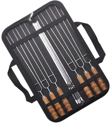 Pique A Brochette Avec Manche En Bois Brochettes en fil d'acier inoxydable, manche bois, bâtons à rôtir, Kit de sac rangement for outils Camping plein air 10 pièces/ensemble