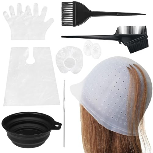7 Piezas Gorro Mechas con Agujeros Gorro para Mechas de Silicona, Blanco | Gorro De Silicona Profesional con el Pelo,Cepillo,Guantes,Cuenco Plegable, para el Cabello, para Niñas en Salón