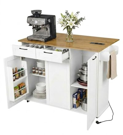 Ginhow Küchenschrank mit Arbeitsplatte und Steckdose Küchenkommode freistehend mit Stauraum Kücheninsel auf Rollen mit klappbarer Arbeitsplatte 2 Schubladen und Türen Weiß Eiche 120 x 74 x 94,5 cm