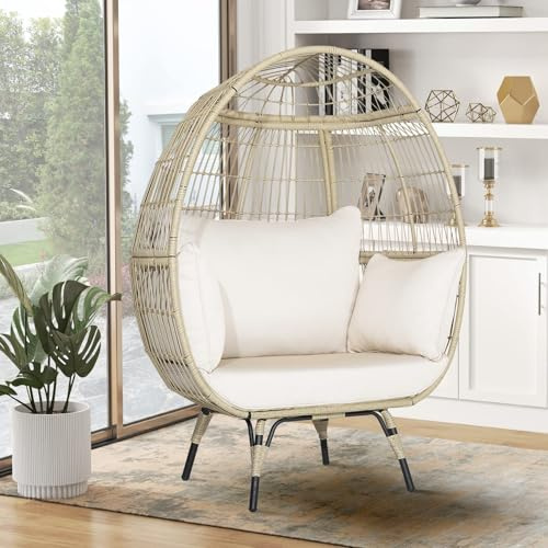 GIANTEX Rattan Loungesessel Outdoor, Papasansessel Korbsessel in Eiform, Gartenliege mit Kissen, Rattansofa Rattan Sessel Metallrahmen bis 205 kg belastbar, Korbstuhl Rattanstuhl Gartensessel