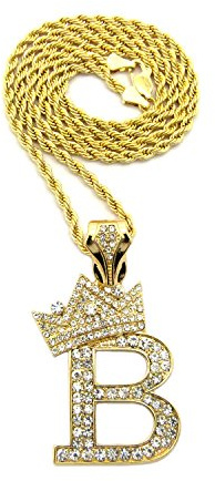Fashion 21 Gold Tone King Crown B Pendant 24 Various Chain Necklace (3 Kinds of Chain Available) (3mm 24 Rope Chain)