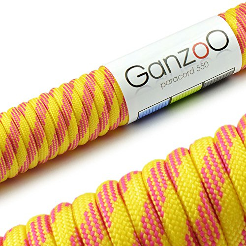 Ganzoo Paracord 550 snöre typ 3 4 mm, 15 m, nylon och polyester med 7 innersträngar, gul röd, allroundlina för knytning, camping, survival, hundkoppel och halsband