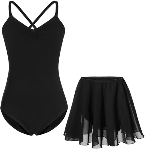 FONLAM Robe Justaucorps de Ballet pour Fille Justaucorps Danse Gymnastique + Jupe Ballet Danse Classique Fille (Noir, 7-8 Ans)
