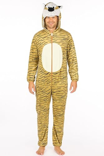 Foxxeo Tiger Kostüm für Erwachsene – Tierkostüm Jumpsuit mit Kapuze & Schwanz – Unisex Einteiler für Fasching, Karneval, Mottoparty, Größe:M
