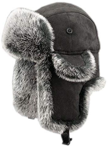 HAORUN Herren Trapper-Mütze, Sport, russischer Kosaken, Kunstfell, Wildleder, warm - Schwarz - MEDIUM