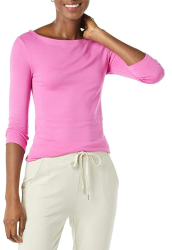 Amazon Essentials T-Shirt da Donna Slim Fit Manica 3/4 Tinta Unita Scollo a Barca, Rosa Brillante, XL