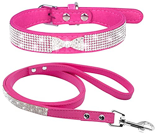 haoyueer Hundehalsband aus weichem Wildleder, schillernd, funkelnd, elegant, ausgefallen, mit Strasssteinen besetzt, für Haustiere, Welpen, Katzen, Hunde, Kombi-Set mit Leine