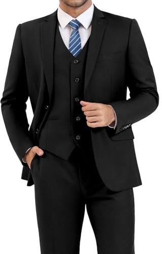 LUPURTY 3 Piece Suits for Men Slim Fit Men's Suit for Business Wedding Party 2 Button Blazer Tuxedo Set Jacket Vest Pants &Tie, Black M