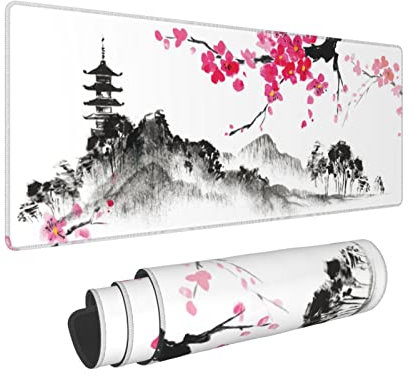 Tapis de souris Sakura aquarelle - 80 x 20 cm - Motif collines japonaises - Motif fleurs de cerisier - Base antidérapante en caoutchouc - Bords cousus - Pour clavier - Pour le bureau et la maison