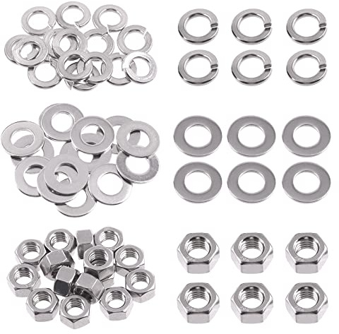 Swpeet 45 Stück SAE 304 Edelstahl 3/8-16 Zoll Sechskantmuttern und #3/8 flache Unterlegscheiben mit #3/8 Split Lock Washers Sortiment Kit, Grobgewinde Sechskantmutter für Zuhause Automobilgeschäft