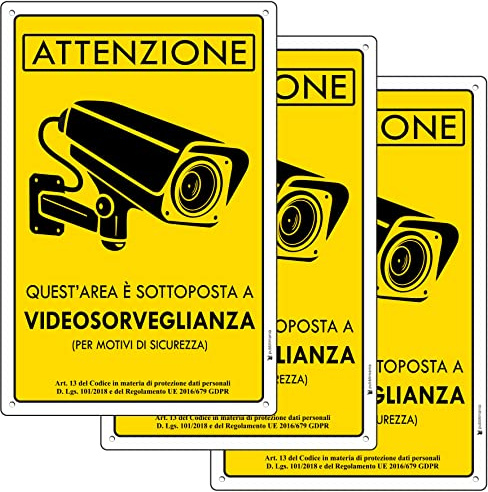Pubblimania AREA VIDEOSORVEGLIATA Cartello in alluminio metallo 3 mm di spessore. Telecamera CCTV (N° 3 - Cm 20x30)