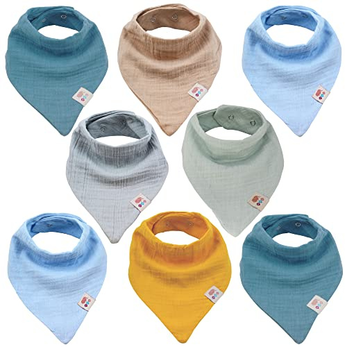 M.M.C. Pañuelos triangulares de muselina para niños, 8 unidades, lindos unisex de algodón, con botones de presión ajustables, baberos para niños y niñas (juego de bebé)