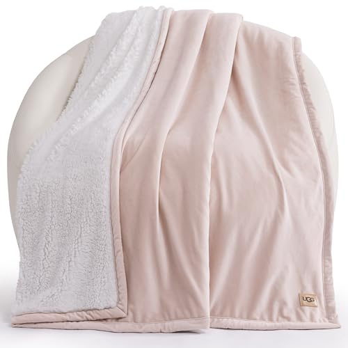 UGG Bliss Throw Blanket Plush Soft Fleece Fluffy Blankets for Bed or Couch Oversized Warm Reversible Machine Washable Medium Weight Home Decor Giftable Throw, 50-inch x 70-inch, Quartz Pink