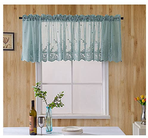 SHTGOI Kurze Vorhänge 137 x 90cm Vintage Kaffee Vorhang Spitze Stickerei Kurzgardine Halbtransparent Gardinen Voile Kurzstore Bistrogardine Scheibengardinen für Küchen Schlafzimmer Blau