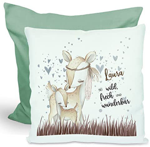 CreaDesign, Kinder Kissen 40x40 cm personalisiert mit Namen, Kinderzimmer Deko Kissen Kinder mit Füllung Federn, Motiv REH Indianer, Rückenfarbe Grün