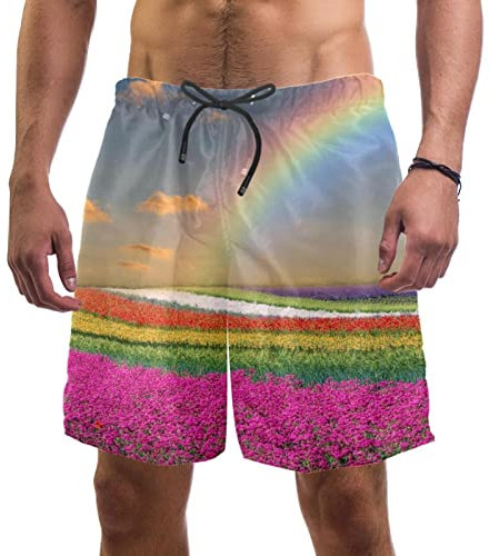 WOSHJIUK Herren-Badehose, schnell trocknende Boardshorts mit Netzfutter,Feld Frühlingsblume Regenbogen,Strandshorts Herrenshorts