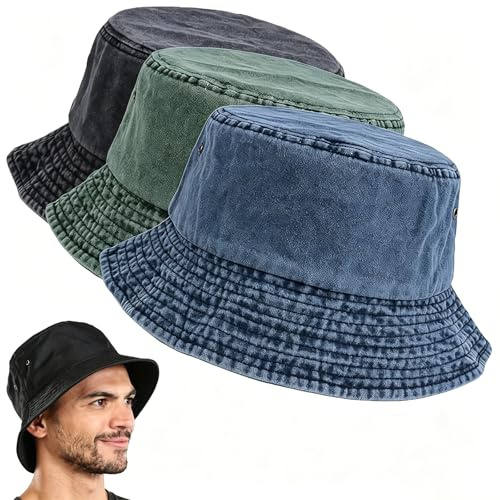 OuMaiFeng Großer 3 Stück Vintage Denim Fischerhüte für Männer Frauen Wasserdicht Atmungsaktiv Breite Krempe Hut Sonnenhüte UV-Schutz Hut Wandern Boonie Hüte Kinnriemen (Blau + Grün + Schwarz)