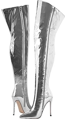 blingqueen Overknee Stiefel Damen Stiletto Lack Boots Metallic Silber 45 EU