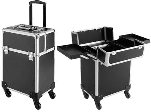 Professional Makeup Train Case, Aluminum Cosmetic Case with Silent Wheels, 4 Folded Tray & Retractable Pull Rod, 13.2Lbs Capacity Rolling Makeup Trolley Case for Travel Makeup/Nail Art/Hair Styling