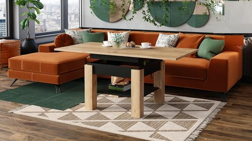 designimpex Cleo Couchtisch aufklappbar höhenverstellbar 75/150 cm in Eiche Gold/Schwarz Matt modern Ablage Wohnzimmertisch Esstisch Beistelltisch Sofatisch Couch Tisch Living Room Table Wohnzimmer