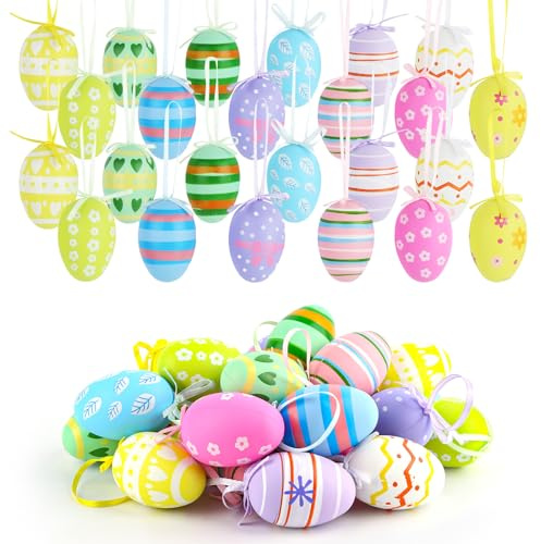 HOCUCHELAND 24 Stück Ostereier zum Aufhängen, Bunte Ostereier für Draußen mit Bänder, Osterschmuck zum Aufhängen Ostern Deko Aufhänger für Draußen und Innen Deko, Oster Geschenk, 4 x 6 cm