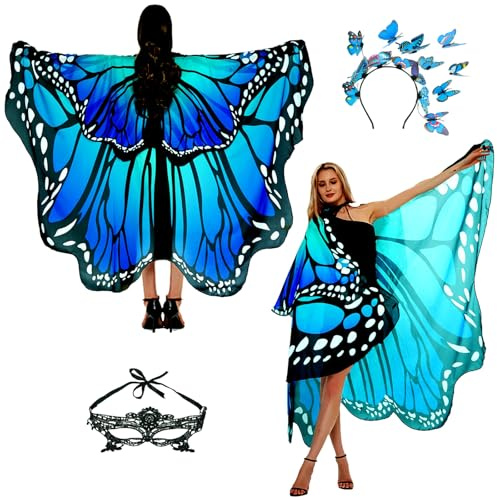 Sunlisky Schmetterling Kostüm Zweistufiges Karneval damen schmetterling Umhang Verkleidung Kostüm Zubehör 3Set Schmetterling Haarreif Gesichtsmaske QY-cloak2-1.2-2 Haarreif Doppellage Grün Blau