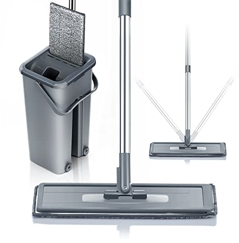 Mopa Fregona con Cubo Escurridor Mopa para Limpiar Azulejos Paredes Suelos Fregona Plana Cubo con 6 Almohadillas Autoescurrible Parquet Madera Mop Bucket