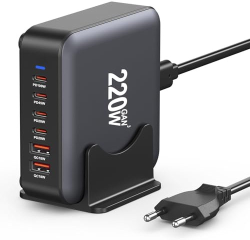 Chargeur USB C Multiple, 220W Station de Charge 6 Ports 【4 USBC + 2 USBA】 Hub Rapide Compact GaN, Bloc d'alimentation PD+QC 3.0 Laptop Charger Compatible avec iPhone/iPad/Samsung/Laptops