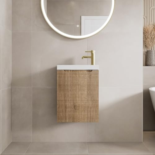 Vitusso® 400mm Bathroom Cloakroom Vanity Unit Basin Sink Wall Hung Storage Furniture 1 Tap Hole Soft Close, Oak