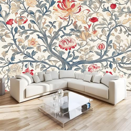 Fototapete William Morris-Stil Blumen Blätter Tapete 350x256 cm 3D Vlies Wanddeko Wallpaper Wandtapete Dekoration Study Zimmer Wohnzimmer Restaurant Cafe