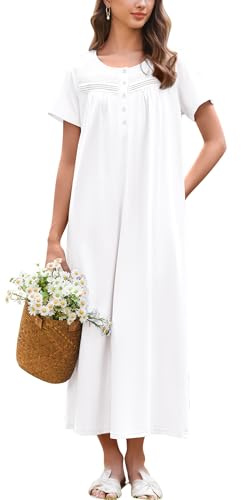 Ekouaer Nightgown for Women Cotton Long Night Gown Short Sleeve Nightdress with Pockets Button Sleepshirt Soft Sleepwear White Medium