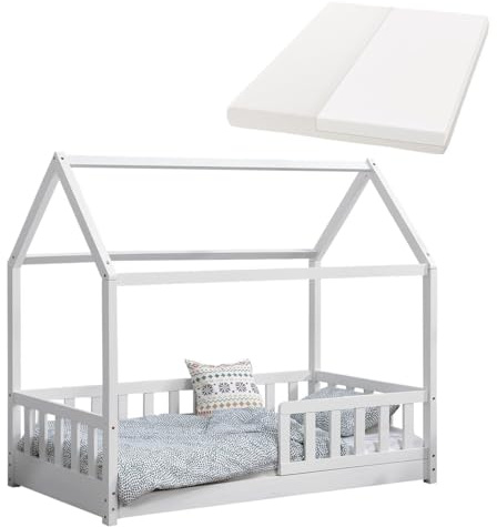 Juskys® Kinderbett Marli 80 x 160 cm mit Matratze, Rausfallschutz, Lattenrost & Dach - Massivholz Hausbett für Kinder - Bett in Weiß