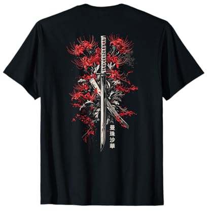 Espada Katana japonesa con diseño de flor de lirio araña roja Camiseta