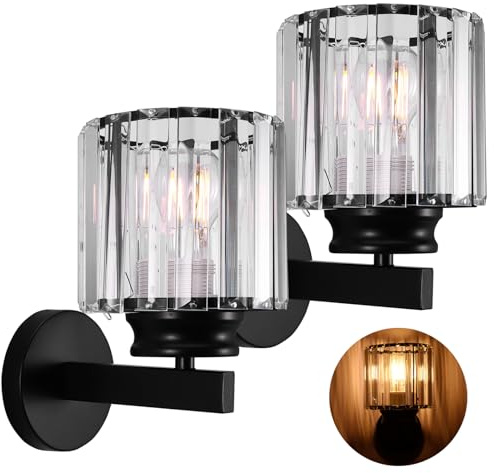 ZONJIE 2 Pack Modern Crystal Wall Light Sconce - E27 Crystal Wall Lamp, Wall Sconces Wall Lighting Fixtures for Bedside Bedroom Living Room Corridor Dining Room Hallway Stair (Black)